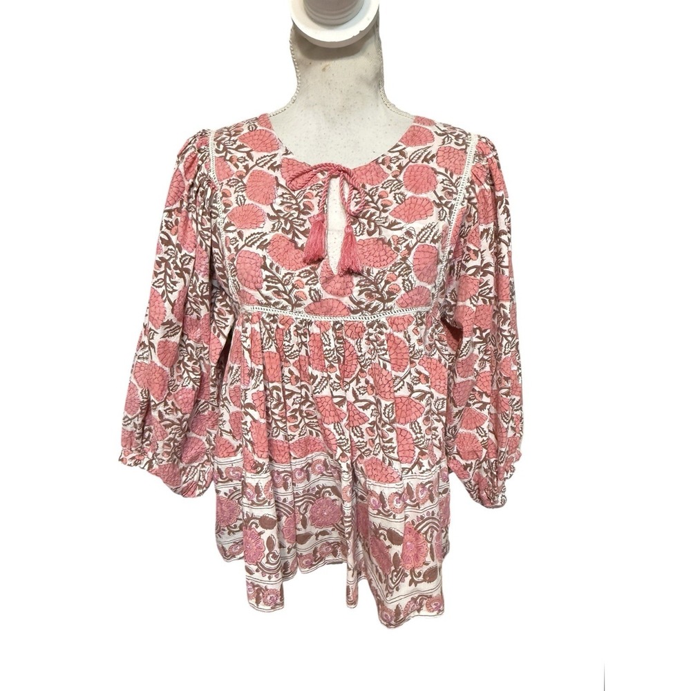 MAREA By Liz Joy Block Print Floral Baby Doll Tassel Blouse Top Size XS